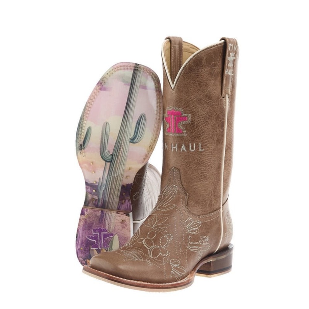 NEW Tin Haul Womens Cactillow Embroidered Tan Leather Western Square Toe Boot 8